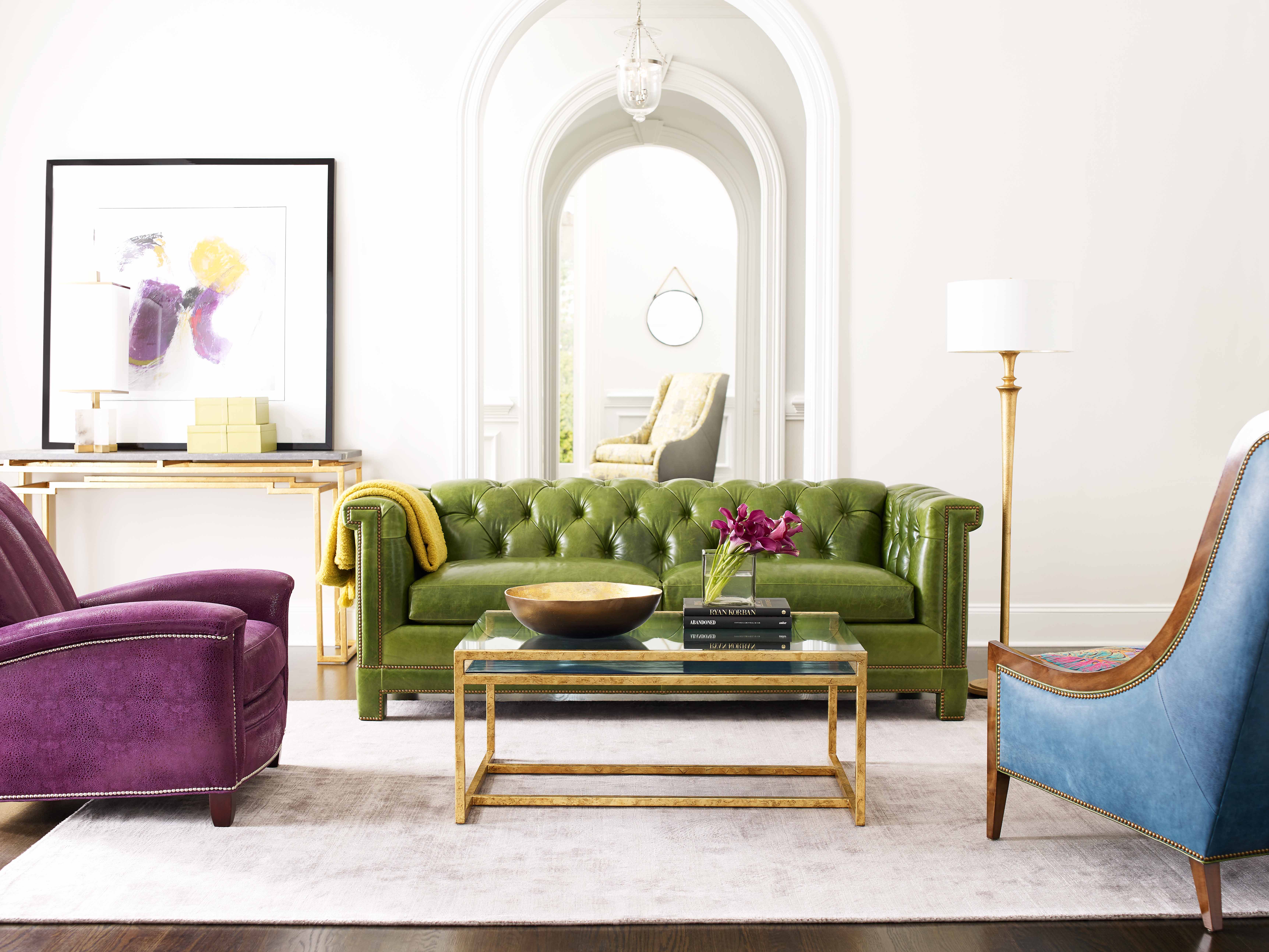 Sofa shown in Tiburon Clover with A nail.  6418-1 Surge Chair in JC Helena Multi & Essence Lagoon with Rainier finish & A nail.  6510-1 Tulip Chair in Tortuga Plum with Java finish & J nails.